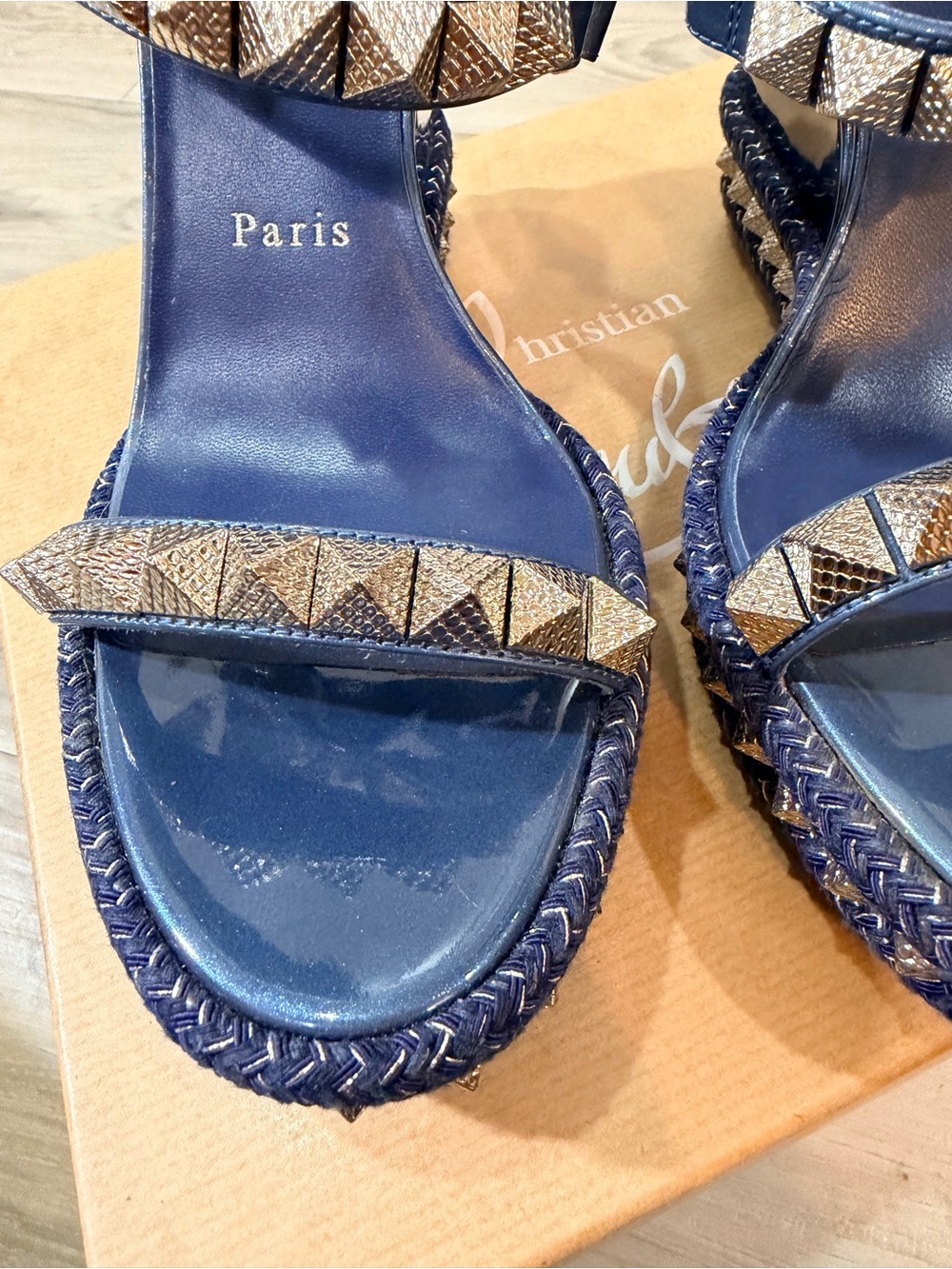 Christian Louboutin Blue Metallic Studded Wedge Sandals with Ankle Strap US 8 - Picture 5 of 10